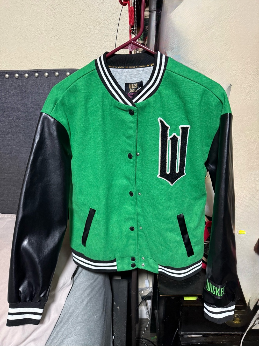 Wicked Justice Green and Black Letterman Jacket - Kids XL(10) or Adult XS-S